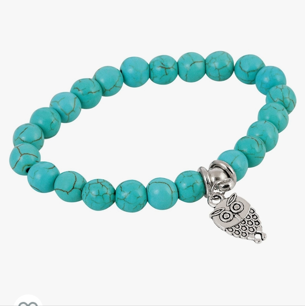 Turquoise Owl Charm and Beaded Stretch Bracelet - Picture 3 of 6